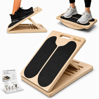 2-in-1 Wooden Slant Board for Calf Stretching & Balance Board | 5-level adjustable calf stretch board for Achilles stretch, ankle mobility, physical therapy, and stability training
