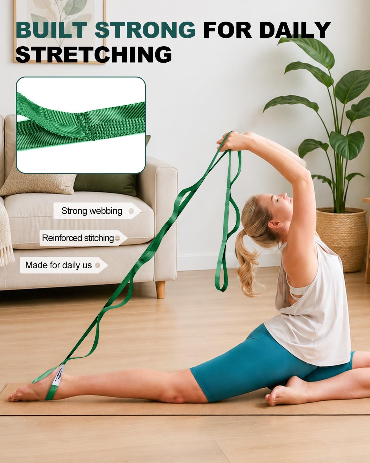 Trideer Non-Elastic Stretching Strap with Loops for Physical Therapy & Rehab, Knee Hip Leg ROM Post-Surgery, Yoga Strap for Stretching, Leg Lifter Strap Mobility Aid, Hamstring Calf Back
