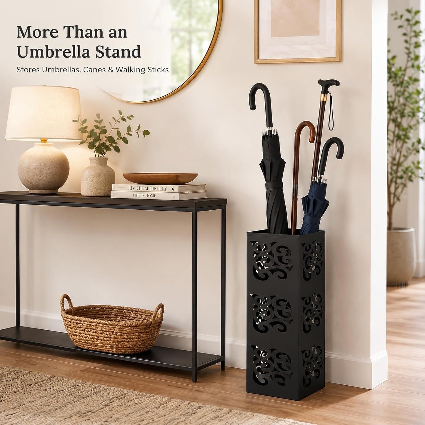 Kingrol Metal Umbrella Holder for Entryway, Square Black Umbrella Stand with Hollow Design, Freestanding Umbrella Rack for Umbrellas, Canes and Walking Sticks, 6 x 6 x 15.75 Inch