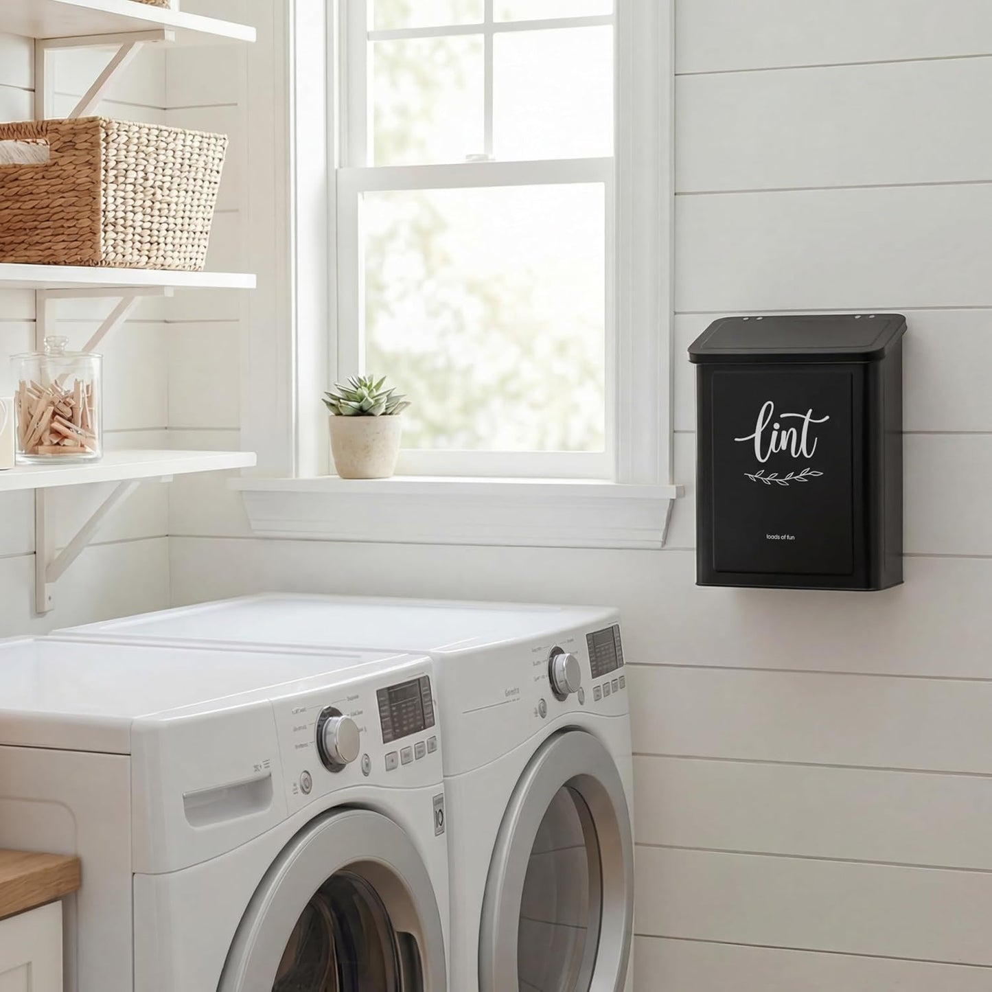 Perfnique Magnetic Lint Bin for Laundry Room with Lint Brush, Wall Mounted Lint Holder Trash can with lid for Dryer, Modern Farmhouse Rustic Metal Laundry Room Storage Organization and Decor(White)