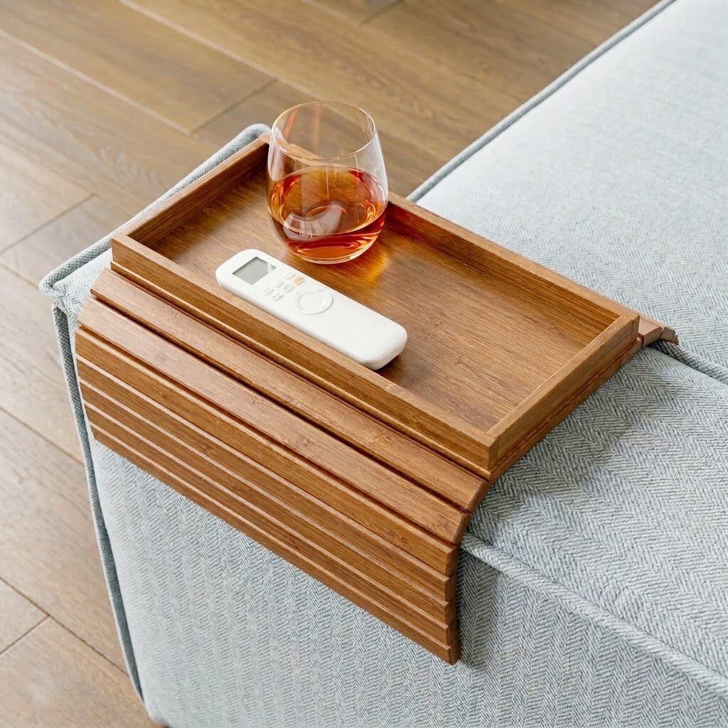 DETOR Couch Arm Tray with Spacious 12.4" x 5.4" Storage Box, Walnut Bamboo Finish, Enhanced Non-Slip Felt Bottom, Sturdy Bamboo Slats, Fits Armrests 6" and Wider