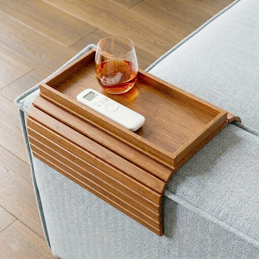 DETOR Couch Arm Tray with Spacious 12.4" x 5.4" Storage Box, Walnut Bamboo Finish, Enhanced Non-Slip Felt Bottom, Sturdy Bamboo Slats, Fits Armrests 6" and Wider