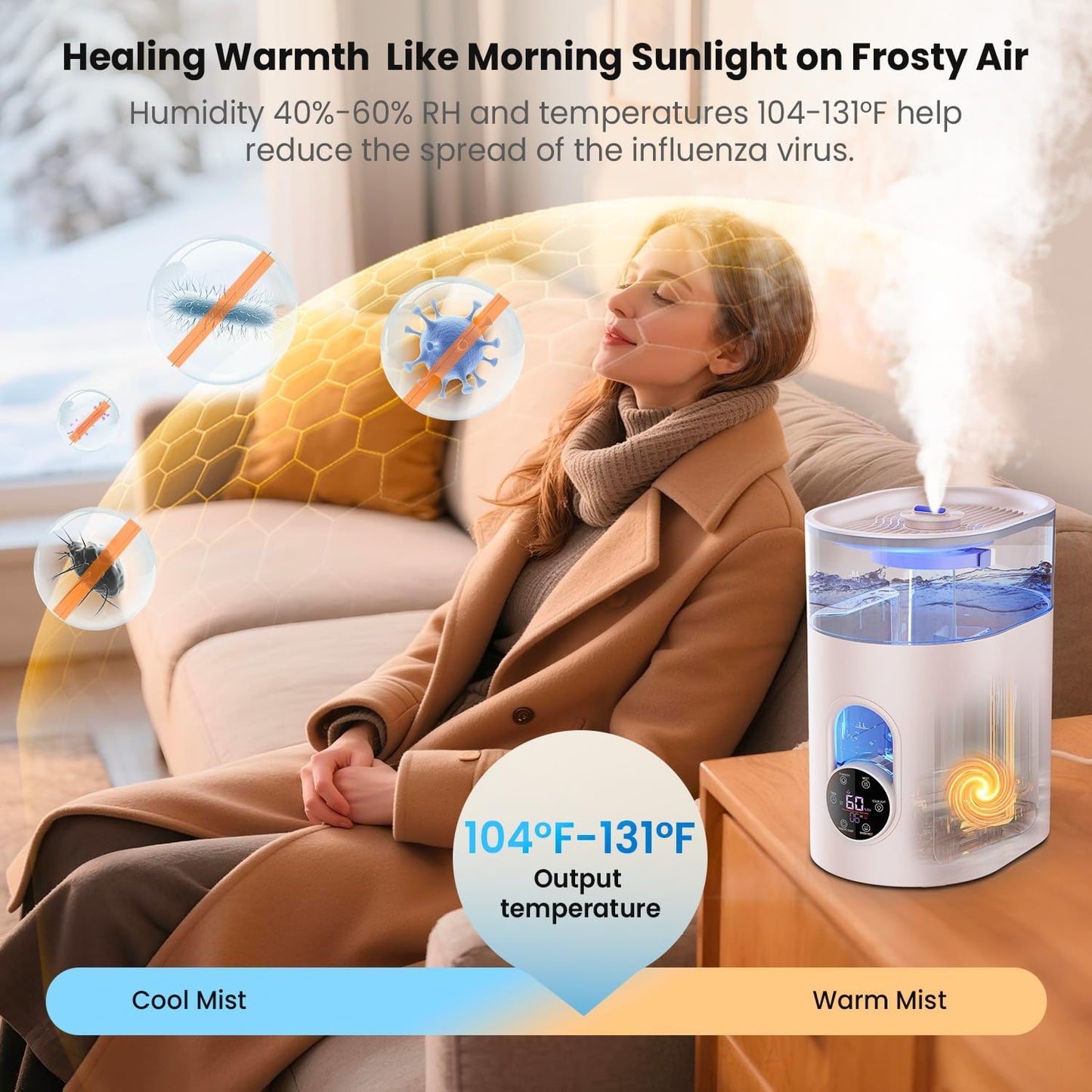 Humidifiers for Bedroom Large Room -GloryAir 6L Cool & Warm Mist Humidifier | Top Fill Design, Smart Humidity Control, Remote, 7-Color Light, Whisper-Quiet, Essential Oil Diffuser for Home & Plants,White
