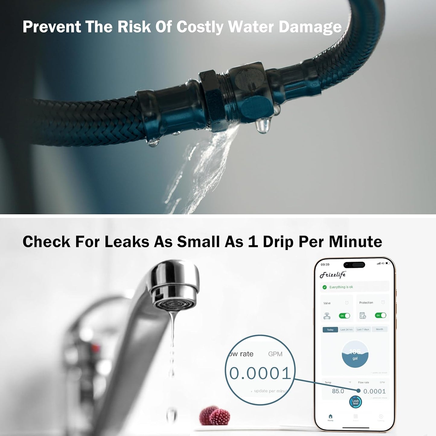 Frizzlife LP365 Smart Water Monitor and Automatic Shutoff Valve - 0.01GPM Ultrasonic Micro Leak Detection, APP Wi-Fi Remote Control, Real-Time Flow/Temp Alarm, 24/7 Water Usage Reports, 3/4" and 1"