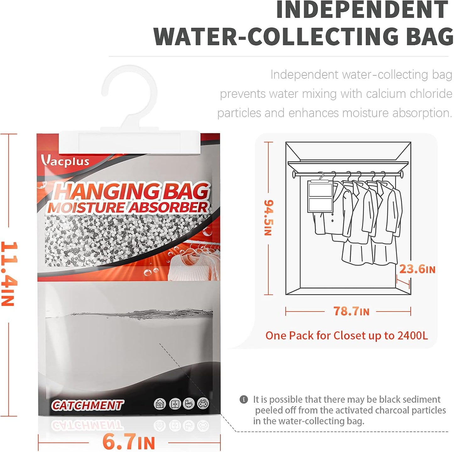 Vacplus Moisture Absorber, 9.8 OZ Hanging, Strong Absorption, Unscented | Closet, Enclosed Spaces, Bathroom, Odor Eliminator, Dehumidifier Bags, 10 Pack