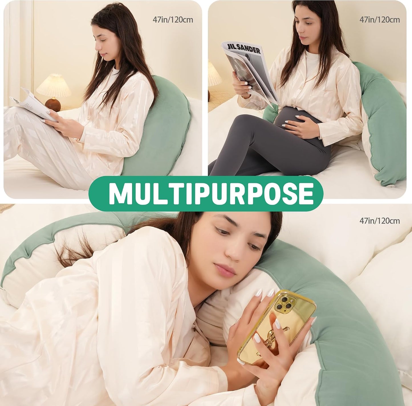 Peallow(Pat. Pend) – Long Round Body Pillow for Adults, Bolster Pillow for Sleeping, Soft and Supportive Pillow for Sleeping & Lumbar Support (Green-White, 29.5")