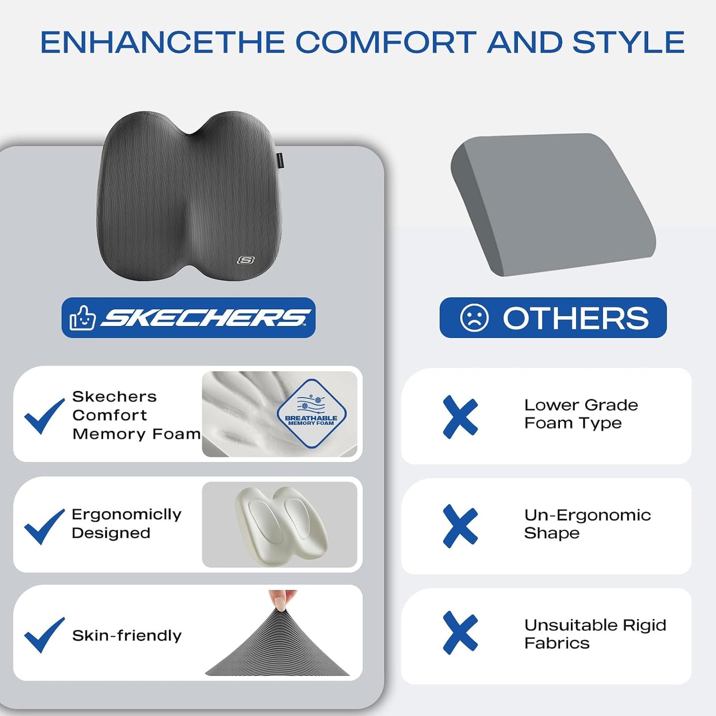 Skechers Seat Cushion, Ergonomic Memory Foam Cushion for Long Sitting Hours on Office & Home Chair, Car Seat Cushion for Sciatica, Coccyx Cushion,Brown