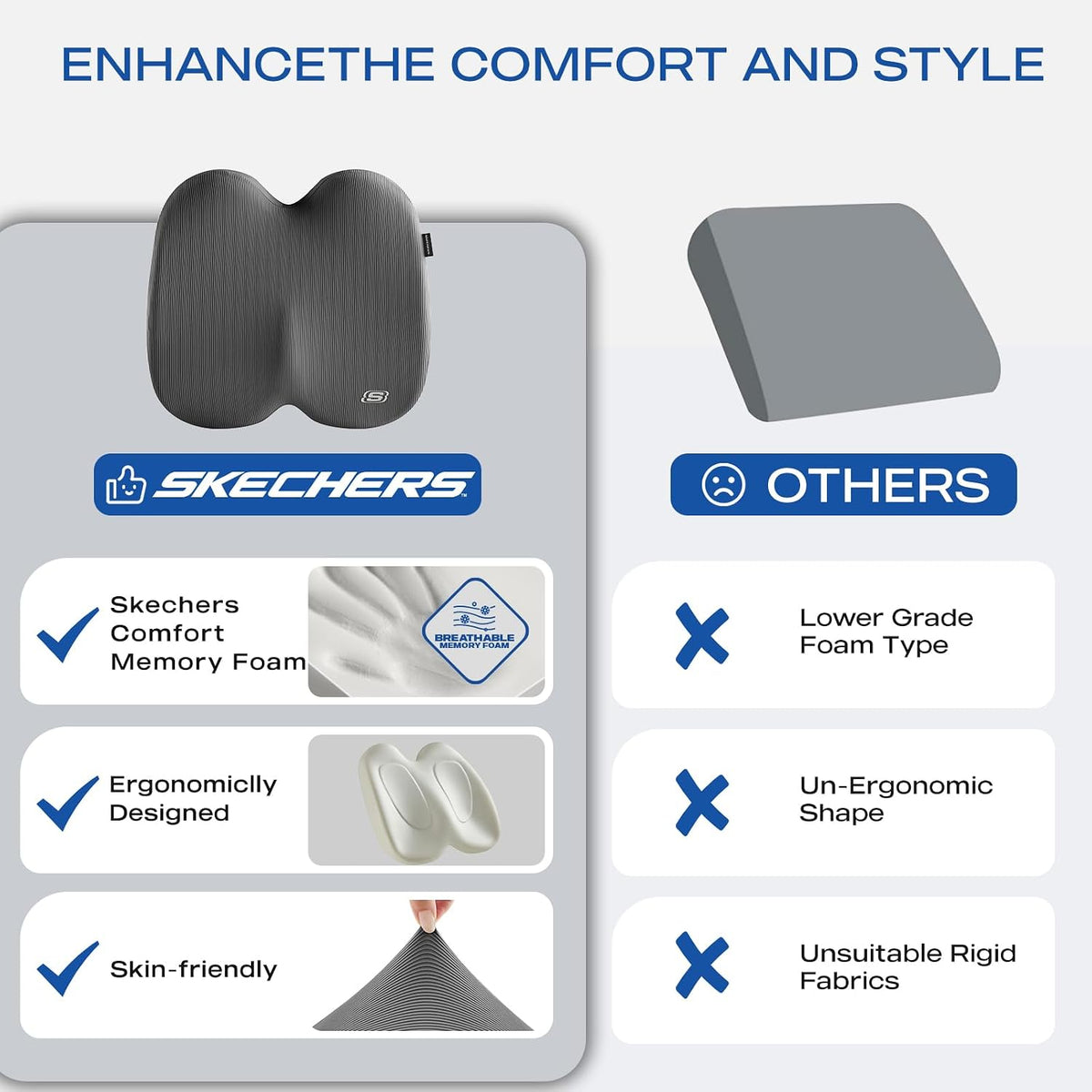 Skechers Seat Cushion, Ergonomic Memory Foam Cushion for Long Sitting Hours on Office & Home Chair, Car Seat Cushion for Sciatica, Coccyx Cushion,Brown