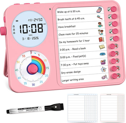 3-in-1 Visual Timer & ADHD Tool for Kids with Chore Chart & Planning Board | ADHD Timer with Digital Clock, Silent Task Timer for Adults with Visual Schedule for Home, School, Classroom, Work (Pink)