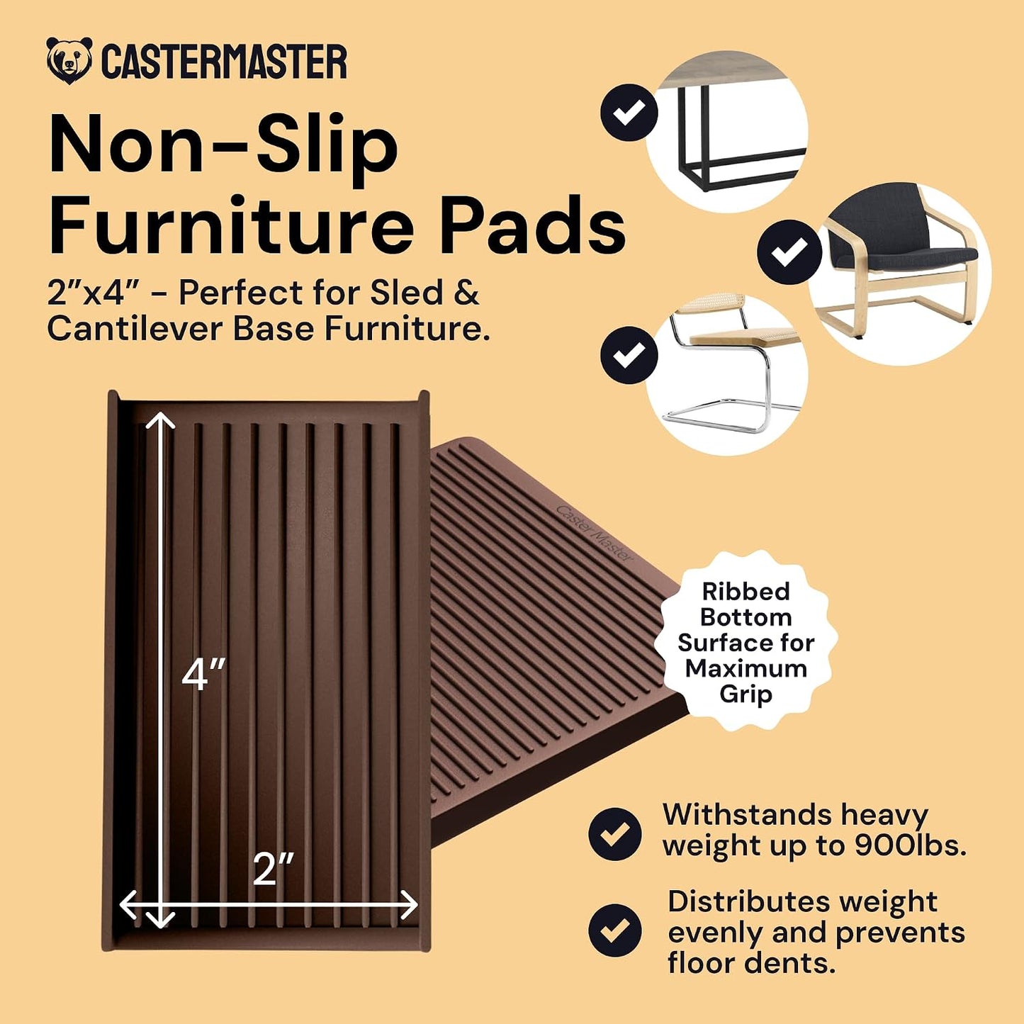 Non-Slip Furniture Pads - 4x4 in Brown, 4 Pack | Square rubber caster cups - anti-skid - Use for heavy sofas, beds & chairs on hardwood floors