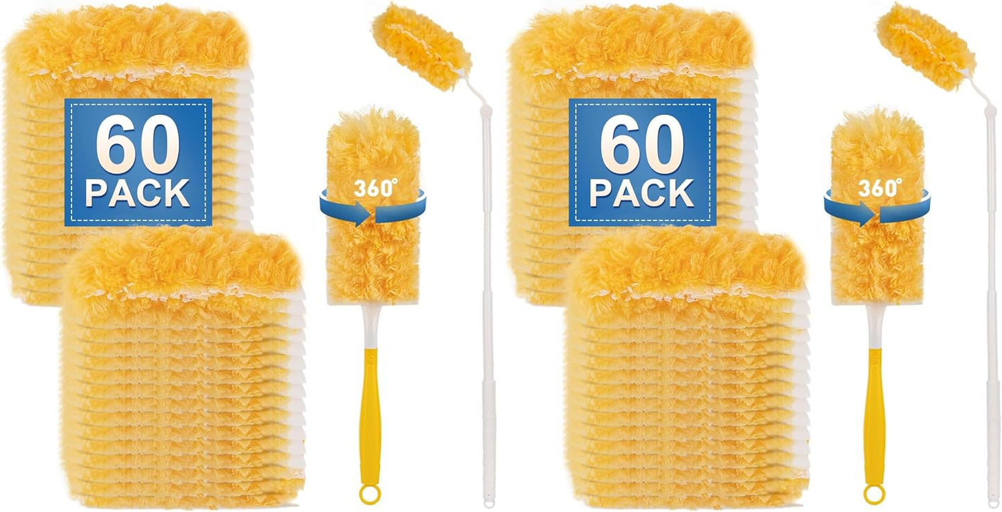 Heavy Duty Duster Refills, Disposable Dusters Kit for Cleaning Dusting Furniture Blind Ceiling Fan, Multi Surface 360 Feather Duster(60)+3FT Extended Handle +1 Handle