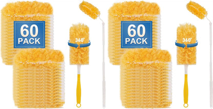 Heavy Duty Duster Refills, Disposable Dusters Kit for Cleaning Dusting Furniture Blind Ceiling Fan, Multi Surface 360 Feather Duster(60)+3FT Extended Handle +1 Handle