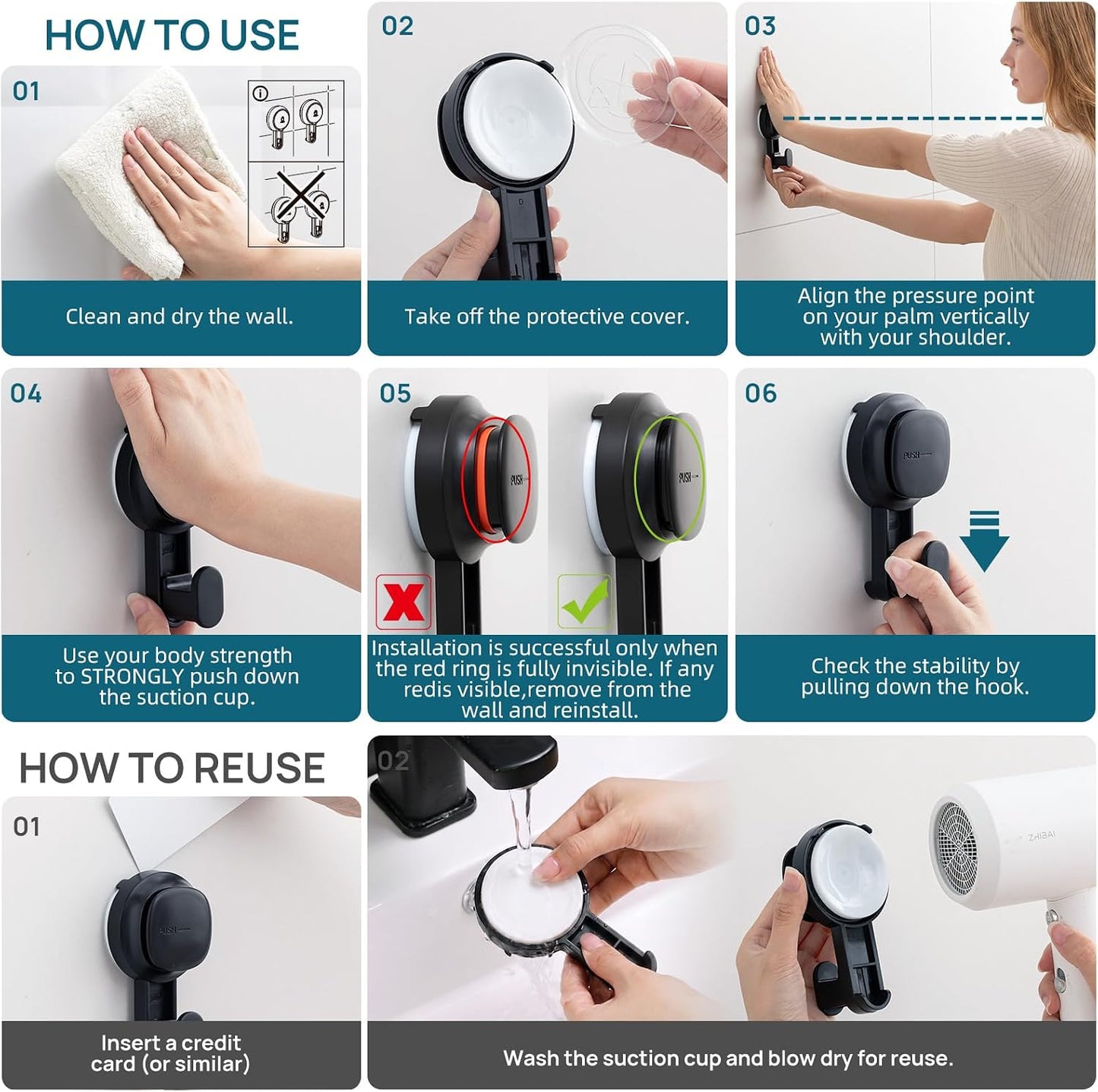 TAILI 2 Pack Upgraded Suction Cup Razor Holder for Shower Waterproof, Black | Visible Safety Indicator, Rust-Resistant Bathroom Organizer, No-Drill Glass Shower Wall Hook for Towel,Loofah,Razor,Squeegee