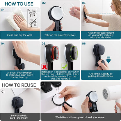TAILI 2 Pack Upgraded Suction Cup Razor Holder for Shower Waterproof, Black | Visible Safety Indicator, Rust-Resistant Bathroom Organizer, No-Drill Glass Shower Wall Hook for Towel,Loofah,Razor,Squeegee