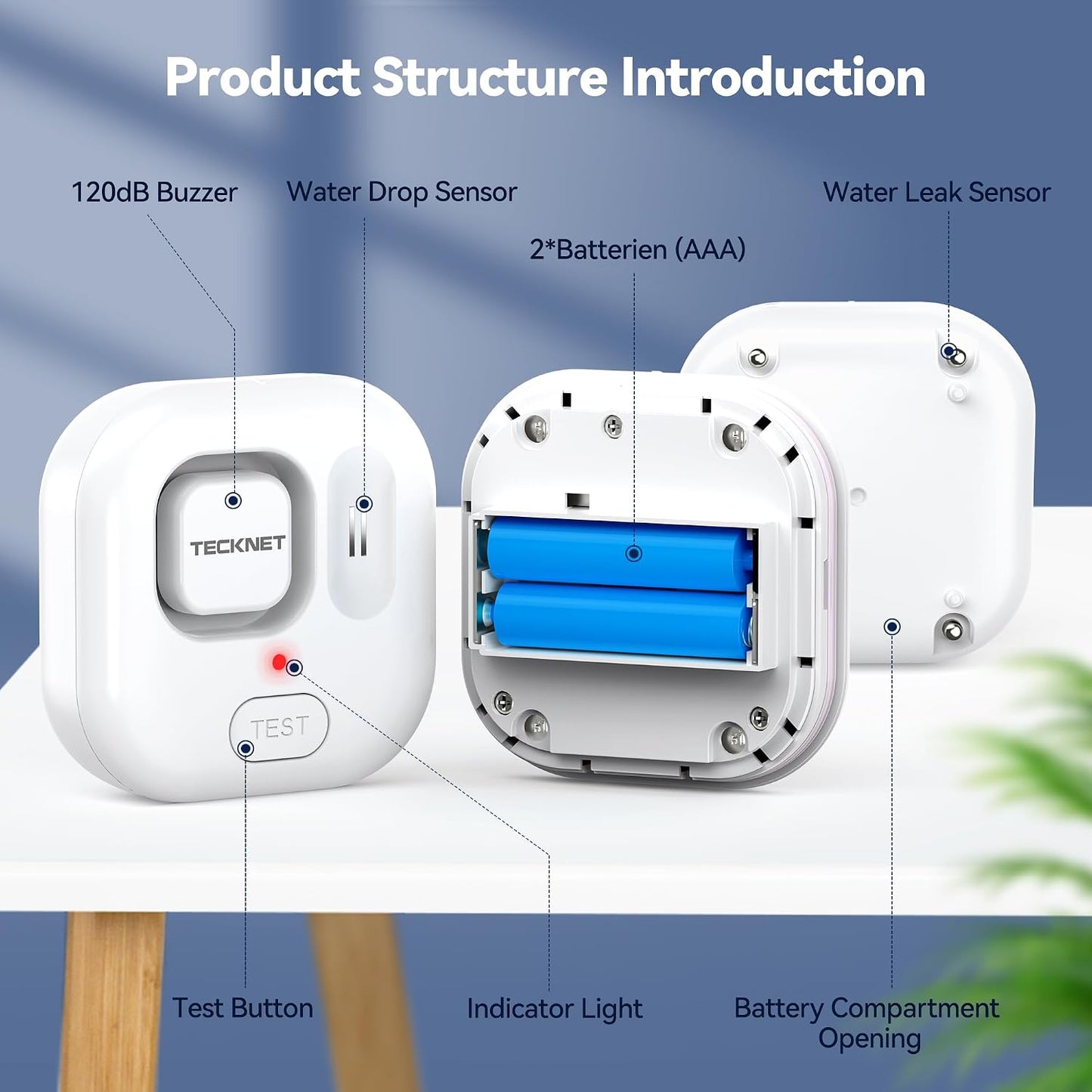 TECKNET Water Leak Detectors for Home, 120dB Water Sensor Alarm Leak Detector, IP66 Waterproof, Water Leak Detectors for Bathroom, Sink, Laundry, Window, Basements, Kitchens(3 Pack, Battery Included)