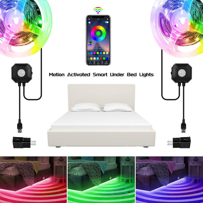 Under Bed Lights 2 Set*9.84ft Motion Activated RGB LED Strip Light, App Control/Variety Color/Dimmable/Dynamic Music Sync/5V USB, Motion Sensor LED Strip Light for Bed Cabinet Staircase Bedroom