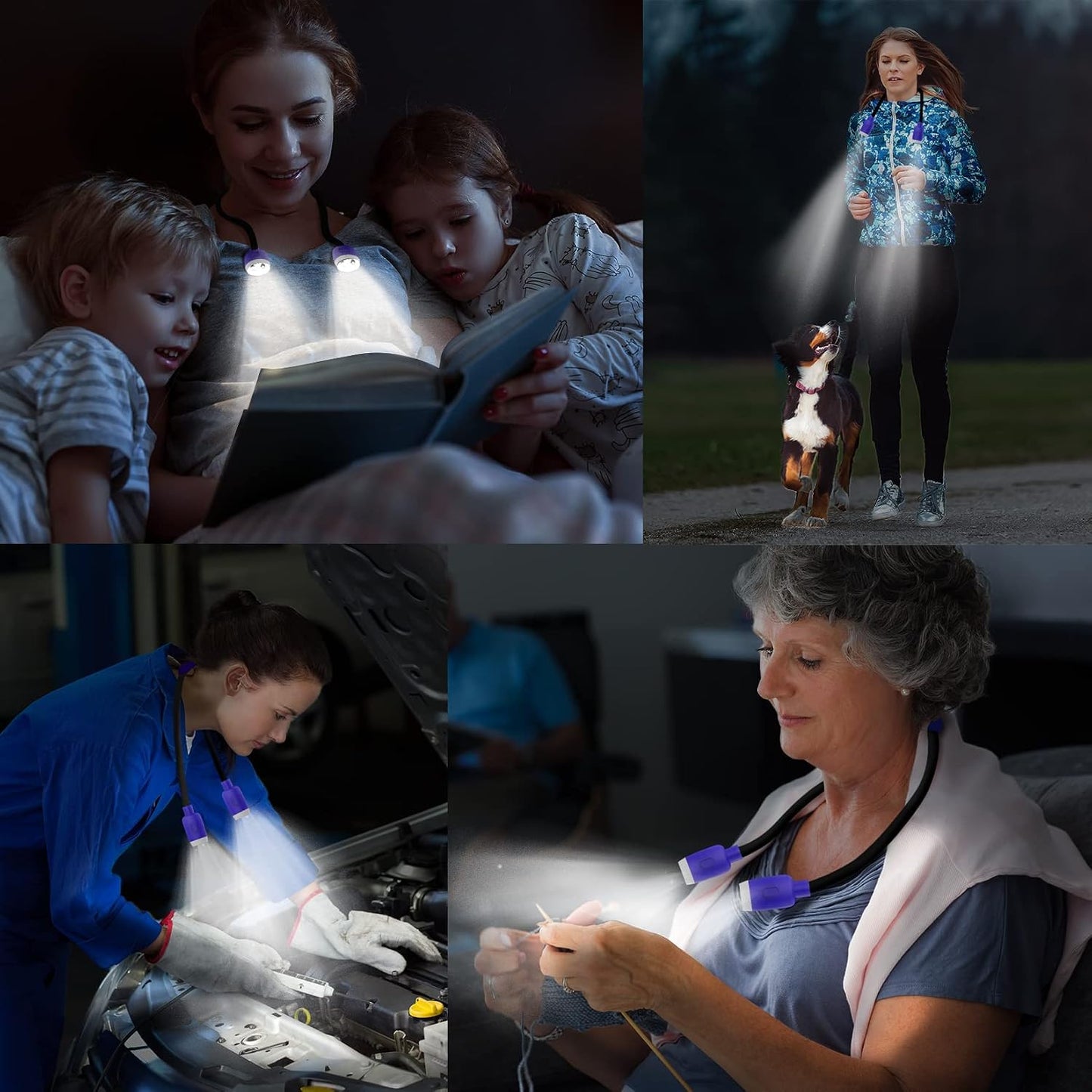 LEDBOLIK Neck Reading Light Blue, 660mAh Rechargeable Book Light for Reading in Bed – 6 Brightness, Bendable Arms, Hands Free for Knitting, Crocheting