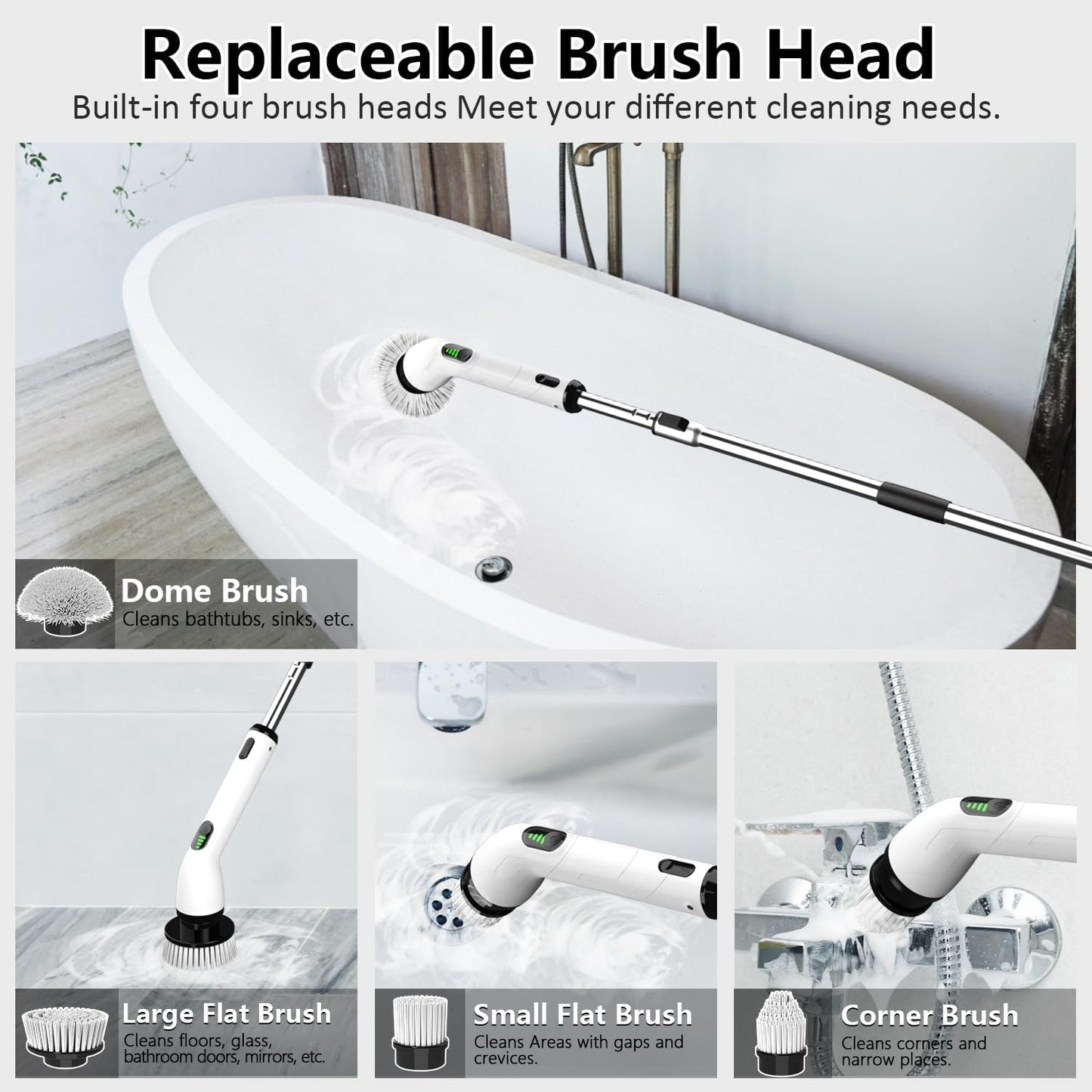Electric Spin Scrubber, Full-Body IPX7 Waterproof Bathroom Scrubber,4 Replacement Head for Adjustable Extension Handle Electric Cleaning Brush for Bathroom, Tub, Tile
