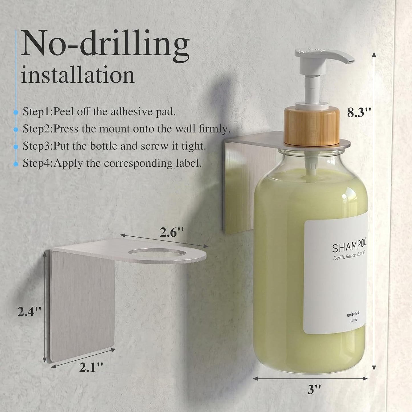 Shampoo and Conditioner Dispenser Wall Mounted Set of 3 - Shampoo Conditioner Body Wash Dispenser No Drill - White Shower Bottles Refillable with Labels and Stainless Steel Pumps 500ML/16.9oz