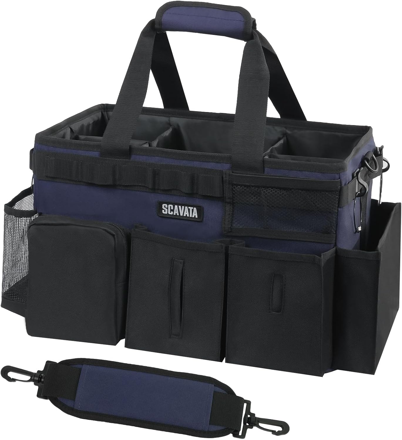 SCAVATA Wearable Cleaning Caddy Bag, Cleaning Caddy Supplies Organizer with Handle & Shoulder Straps for Housekeepers, Under Sink & Car Cleaning Tool Organizers with 4 Foldable Divider (Lake Blue)