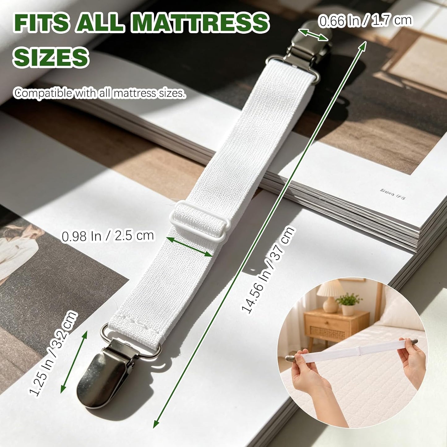 4-Pack White Adjustable Elastic Bed Sheet Straps, Non-Slip Fitted Sheet Holders for Crib to King Size Mattresses
