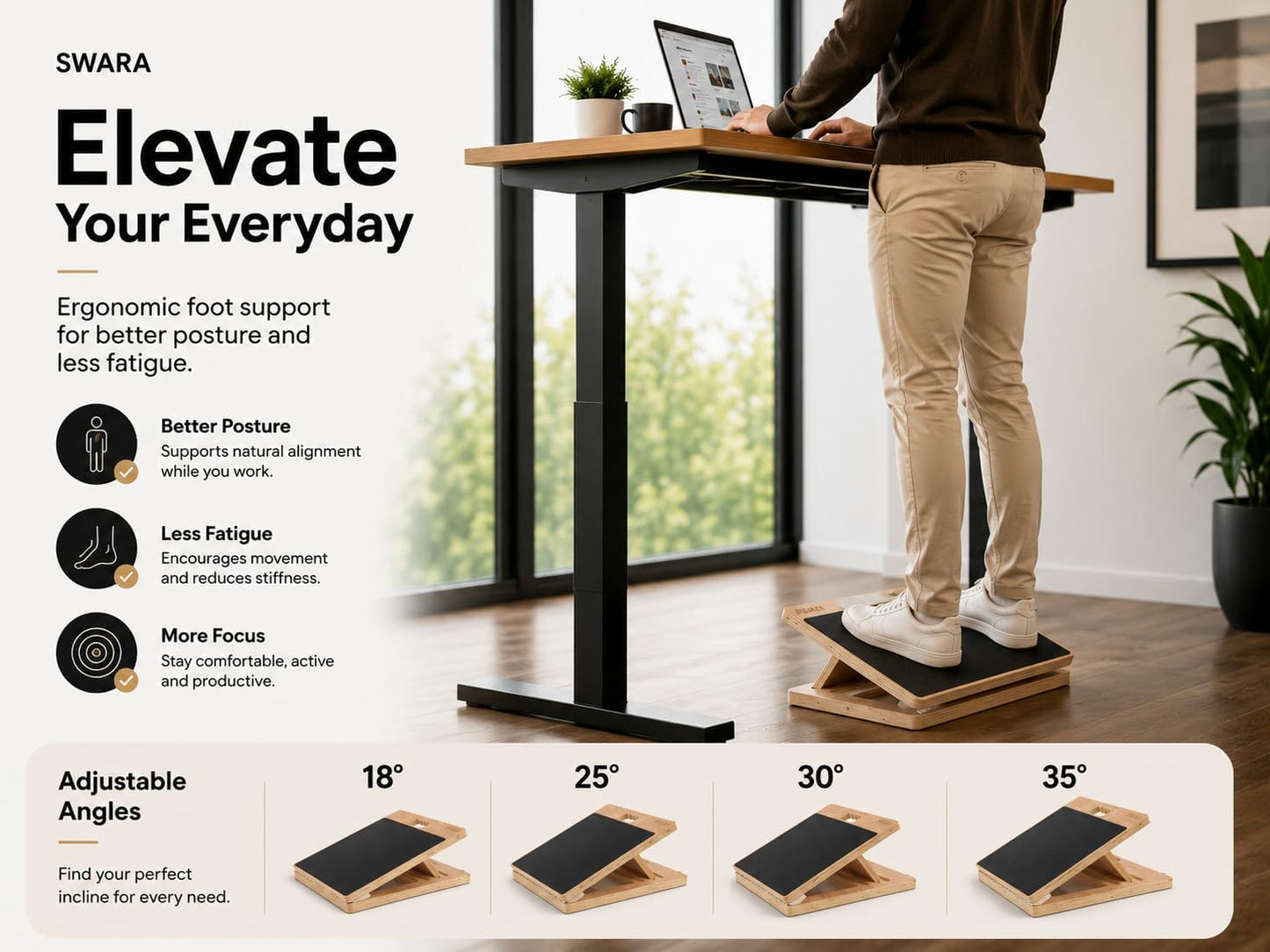 Swara 17″ Wide Wooden Slant Board for Calf Stretching & Squats, Foldable | Adjustable Calf Stretcher with Thicker Base, Foldable Wide Slant Board, Exercise Guide, Free Muscle Roller and 400lb Capacity