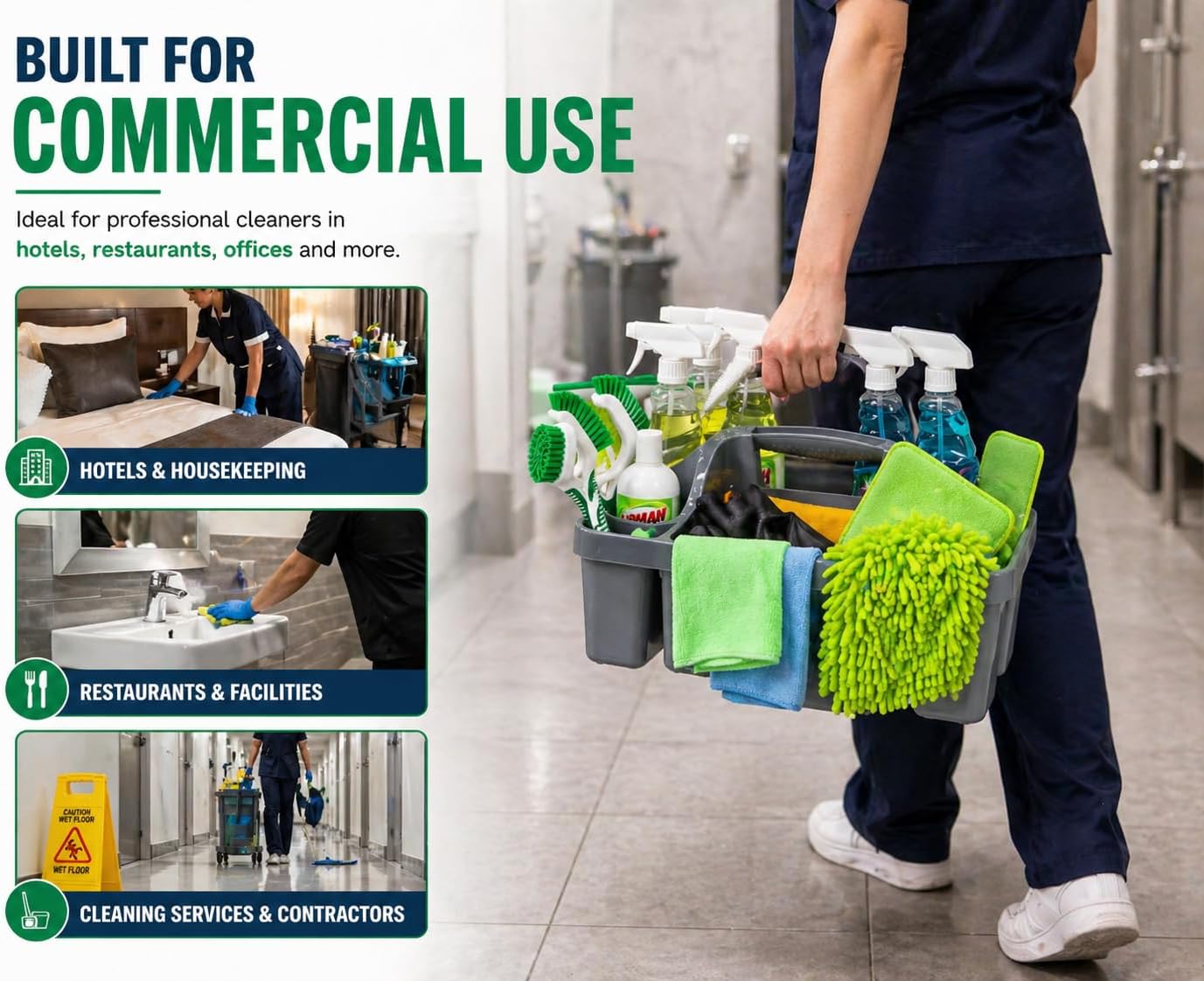 Libman Maid Caddy Cleaning Organizer, Heavy-Duty Janitorial Carry Caddy with Bottle Holders, Toilet Brush Holder & Tool Compartments, Commercial Cleaning Supply Tote