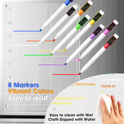 Acrylic Meal Planner Weekly Calendar Menu Board for Kitchen, w/ 8 Markers | Clear Weekly Fridge Calendar Planning Note Board Dry Erase to Do/Grocery/Shopping List/Chore Chart, 12.8x9’’