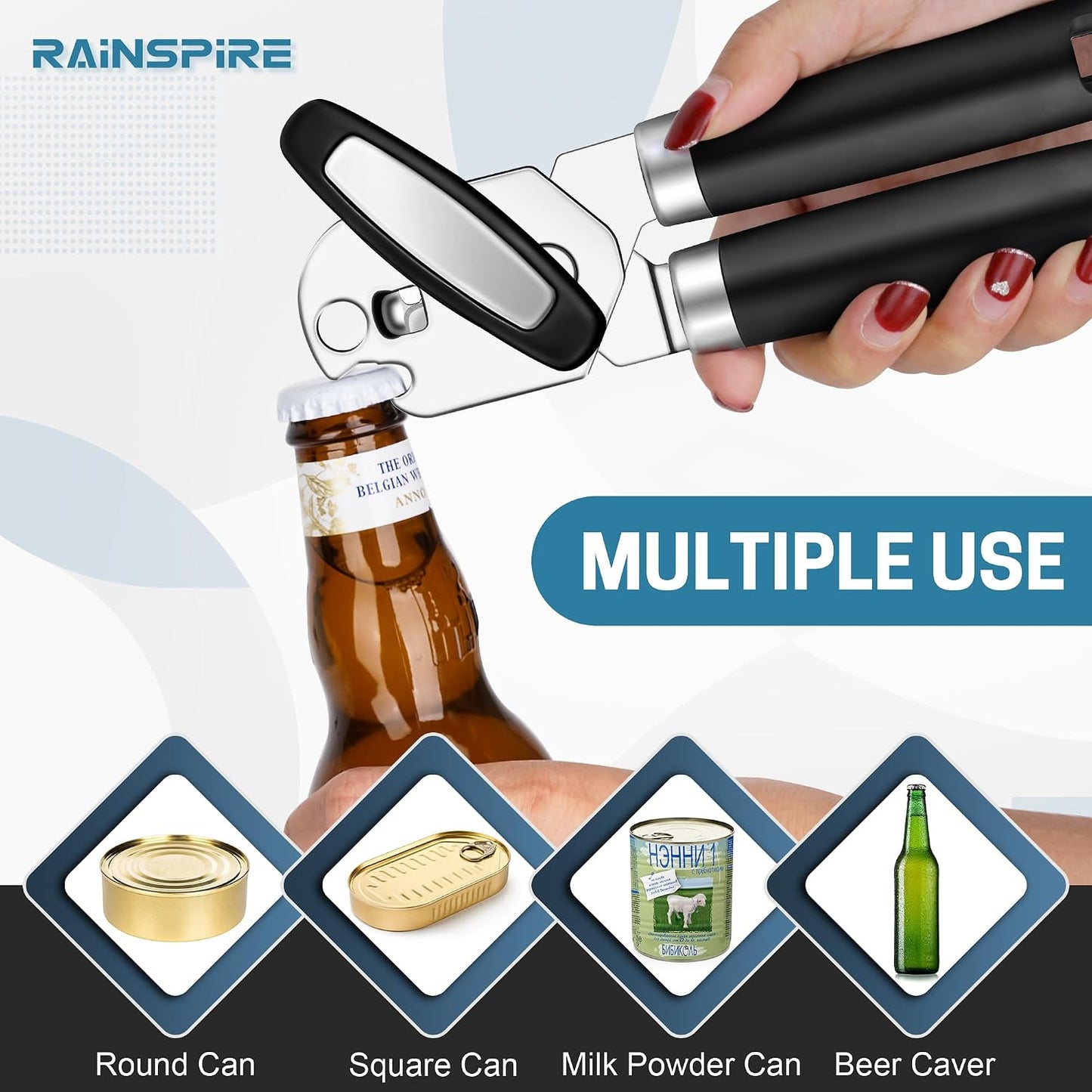 Rainspire Can Opener Manual Handheld Strong Manual Can Opener Smooth Edge Cut, Can Opener Heavy Duty, Comfortable Soft Handle, Built-in Bottle Opener, Turquoise