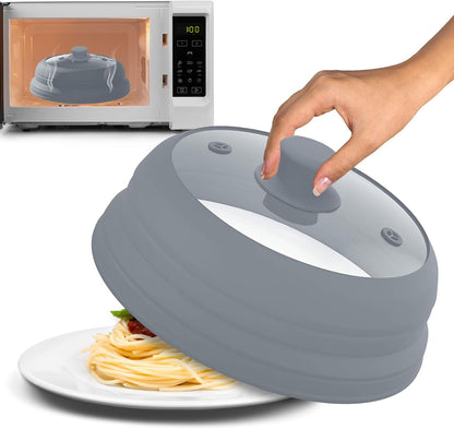 Microwave Splatter Cover Glass 11.8 Inch - Collapsible Microwave Splatter Cover for Plate & Bowl - Tempered Glass Top, Food-Grade Silicone Dome with Heating Vents & Heat-Safe Handle (BLACK)