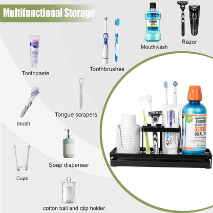Toothbrush Holders Toothpaste Organizer Bathroom Accessories, Matte Black | Carbon Steel, 4 Slots, Removable Drip Tray, Easy to Clean, Electric Toothbrush Storage, for Countertop, Shower, Sink