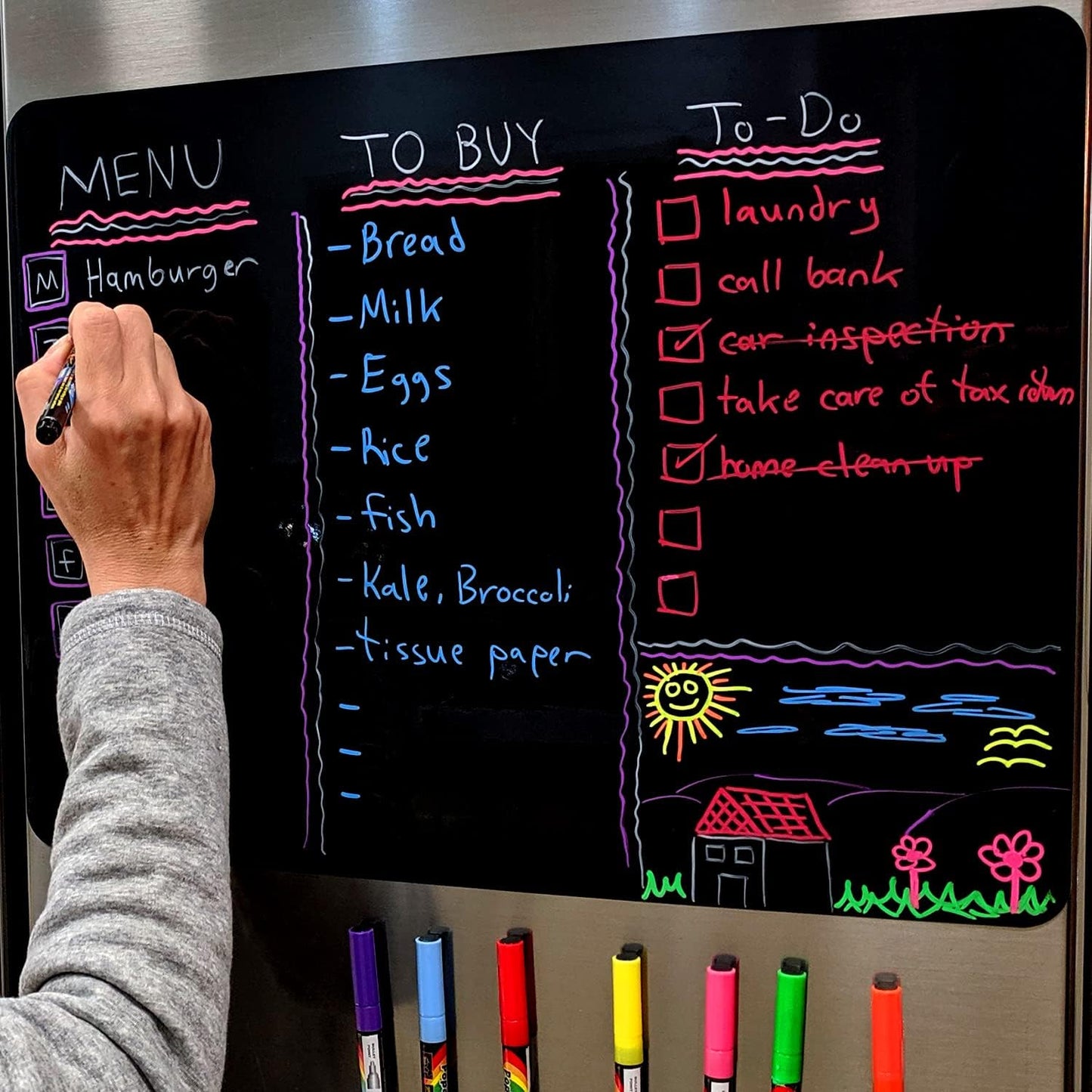 Cute 10"x16" Magnetic Dry-Erase Weekly Menu Blackboard for Kitchen Fridge (with 8 Bright Chalk Markers) & Free Bonus - Grocery/to-Do Lists Board - Daily Dinner Meal Planner Set for Home