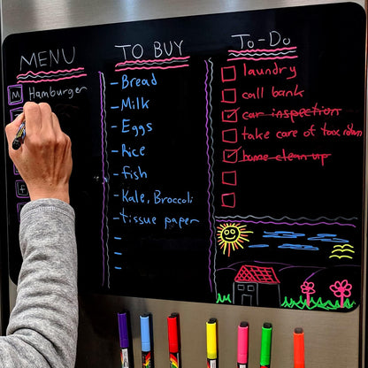 Cute 10"x16" Magnetic Dry-Erase Weekly Menu Blackboard for Kitchen Fridge (with 8 Bright Chalk Markers) & Free Bonus - Grocery/to-Do Lists Board - Daily Dinner Meal Planner Set for Home