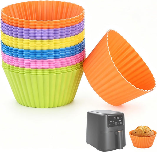 Muffin Liners, Silicone Muffin Cups for Air Fryer, 24 Pack Non-Stick Baking Liners for Parties Food Grade, 6 Bright Colors, Cupcake Holders, Easy to Clean, Sturdy and Durable, Used for Air Fryer