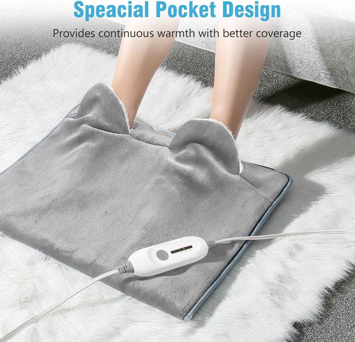 Electric Heated Foot Warmer Soft Flannel Foot Heater with 2h Auto Off & 3 Heat Levels Full Body Use Heating Pad for Feet, Abdomen, Cramps, Pain Relief Pocket Design 16" x 22" Light Grey