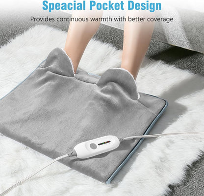 Electric Heated Foot Warmer Soft Flannel Foot Heater with 2h Auto Off & 3 Heat Levels Full Body Use Heating Pad for Feet, Abdomen, Cramps, Pain Relief Pocket Design 16" x 22" Light Grey