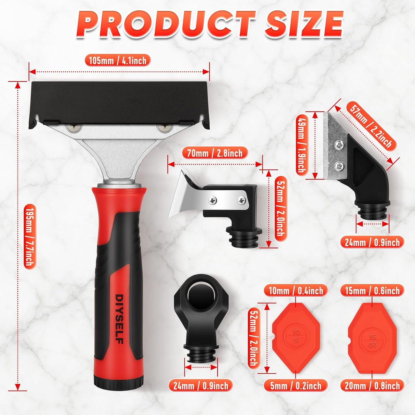DIYSELF 4-in-1 Caulking Remover Tool, Silicone Caulking Tools for Tile, Red | Bathtub Caulking Tool, Shower Caulk Remover Tool, Razor Scraper for Tile, Grout, Windows & Home Repairs