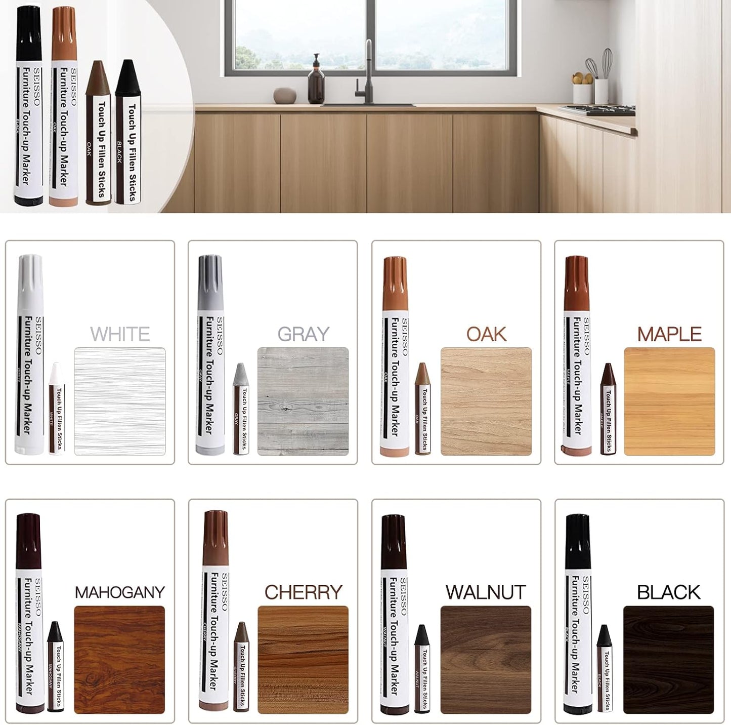 SEISSO Furniture Repair Kit - Set of 42 - Wood Repair Kit Wood Fillers, Furniture Scratch Repair Markers and Wax Sticks with Scraper, Brushes, for Scratches, Stains, Wood Floor, Laminate, Cabinet