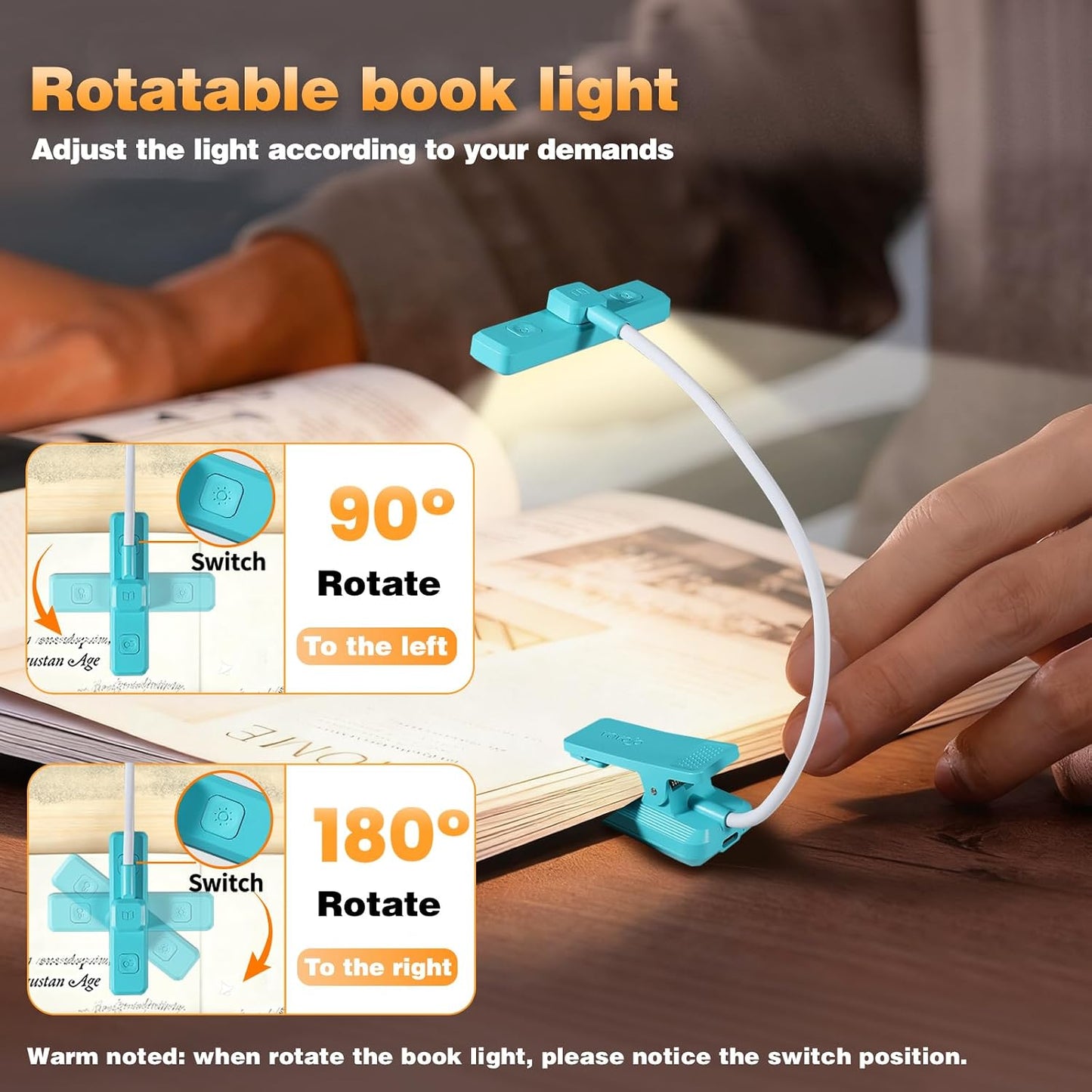 VAVOFO Rechargeable Book Light Rotatable：24 LEDs Reading Light, 3-Color & 9-Brightness Book Lamp, Eye Cared 120Hrs Runtime Lightweight Clip on Led Light for Book Lovers (Black)