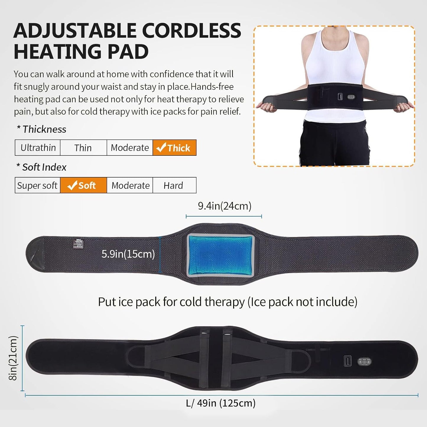 CUEHEAT Heated Waist Belt with Massage - Cordless Lower Back Heating Pad | 3 Heat Settings, 3 Vibration Modes, 7.AV Rechargeable Battery, Adjustable Fit for Wearable Lower Back Warmth