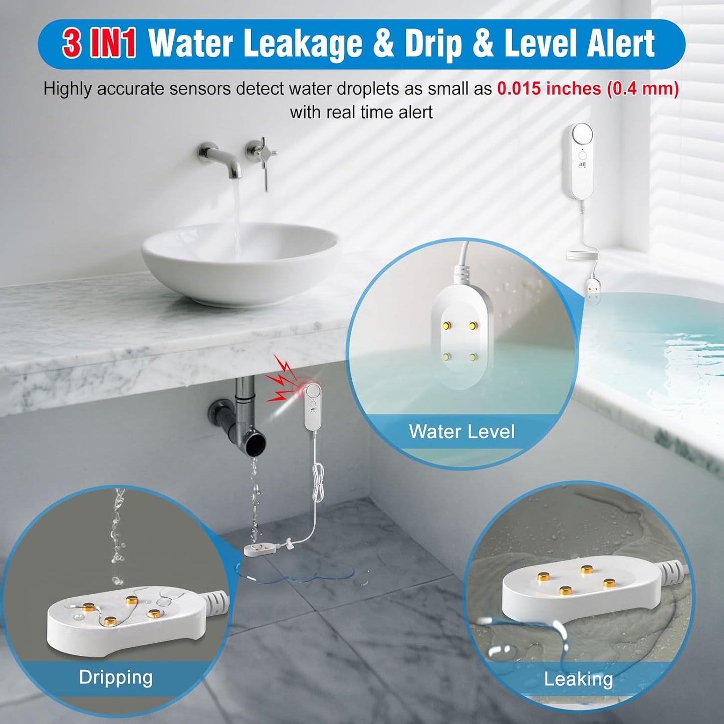 Water Leak Detectors 2 Pack, 100 dB Sump Pump Alarm, 78 Inch Cable | Drip and floor flood detection, high water alert for sump pits, 4 volume levels, water heater and washer areas, no WiFi