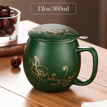 Yundu 12 OZ Matte Purple Ceramics Teacup with Infuser and Lid, Mug with Lid for Steeping - Stainless Steel Infuser for Loose Leaf Tea, Home Office Gift for Tea Lovers