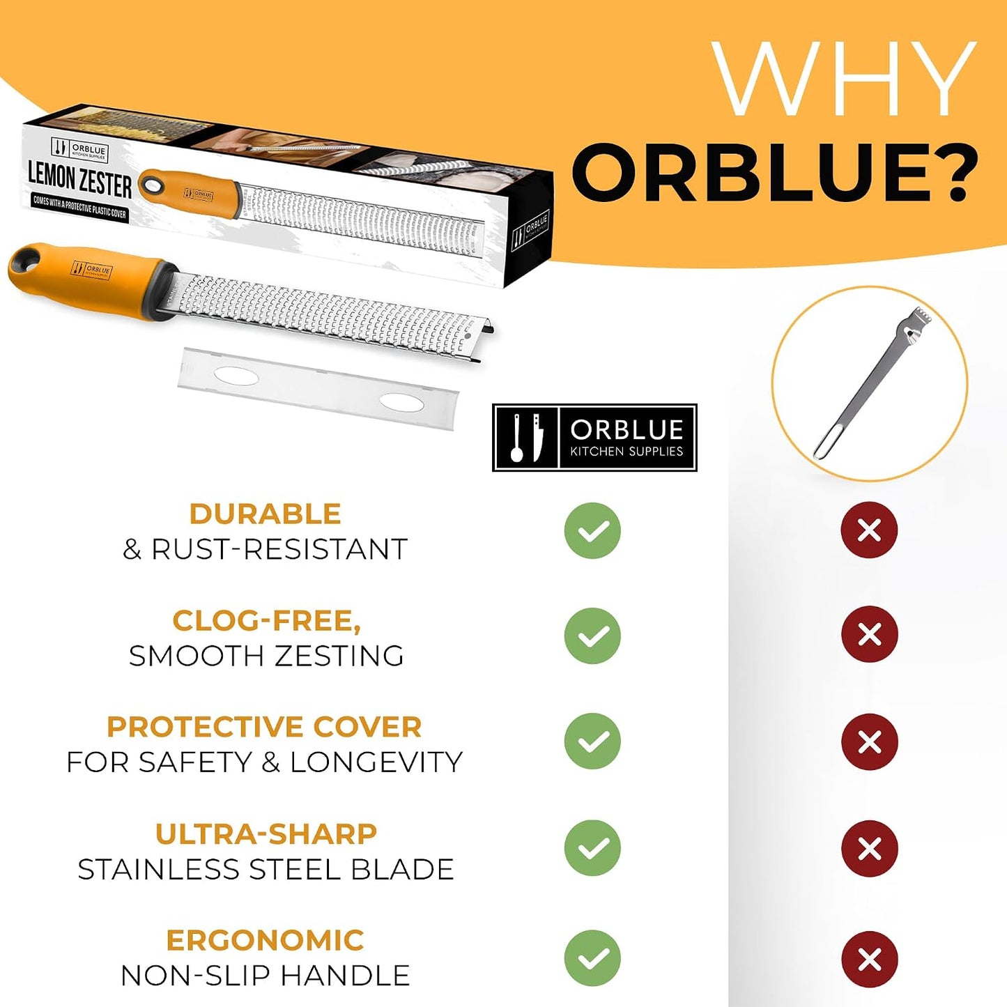 Orblue Lemon Zester & Cheese Grater - Premium Citrus Zester, Kitchen Grater for Parmesan, Chocolate, Fruits, Vegetables, Ginger, Garlic, Nutmeg - Stainless Steel Blades with Protective Cover, Orange
