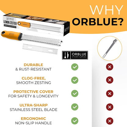 Orblue Lemon Zester & Cheese Grater - Premium Citrus Zester, Kitchen Grater for Parmesan, Chocolate, Fruits, Vegetables, Ginger, Garlic, Nutmeg - Stainless Steel Blades with Protective Cover, Orange