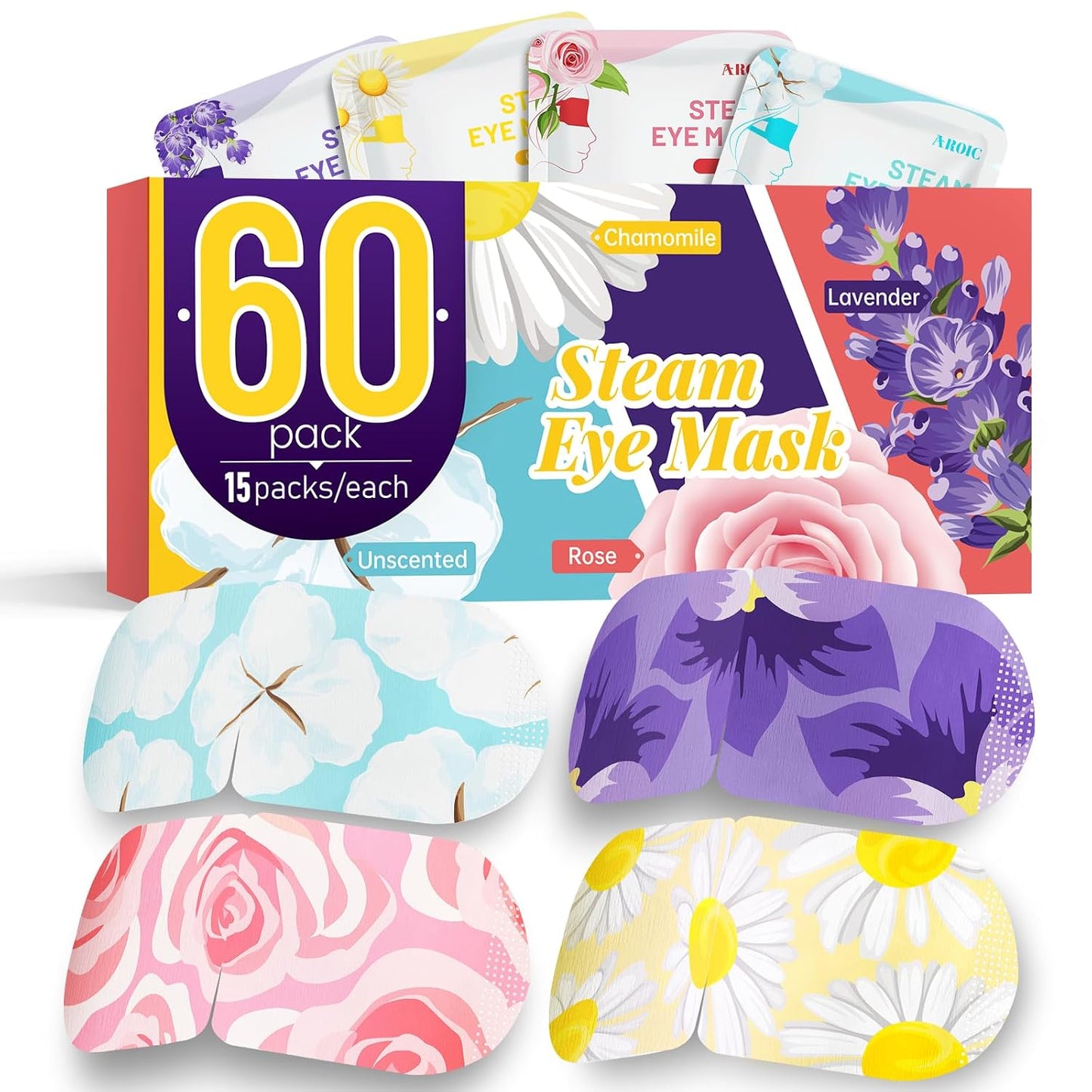 AROIC 60 Pack Steam Eye Masks Disposable, Heated Eye Mask Warm Compress for Eyes, Relaxation Mothers Day Gifts Self Care for Women, Spa Travel Essentials - Lavender, Unscented, Chamomile, Rose