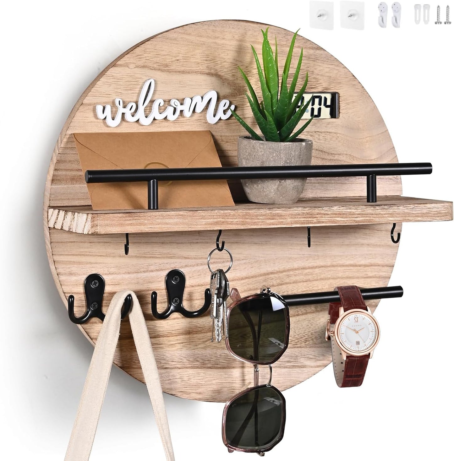 Key Holder for Wall, Key and Mail Holder Organizer with - Key Holder Wall Mount - Round Wooden Rustic Home Decor for Entryway, Mudroom, Hallway, Kitchen Office (Black)