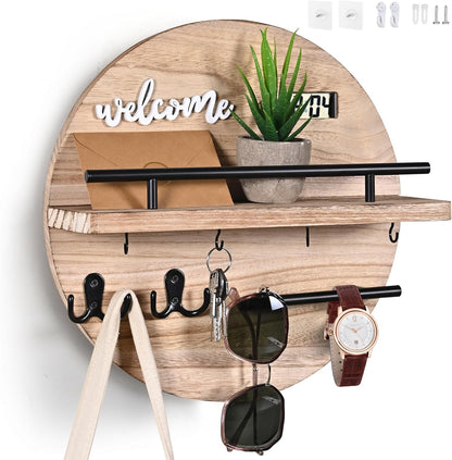 Key Holder for Wall, Key and Mail Holder Organizer with - Key Holder Wall Mount - Round Wooden Rustic Home Decor for Entryway, Mudroom, Hallway, Kitchen Office (Black)