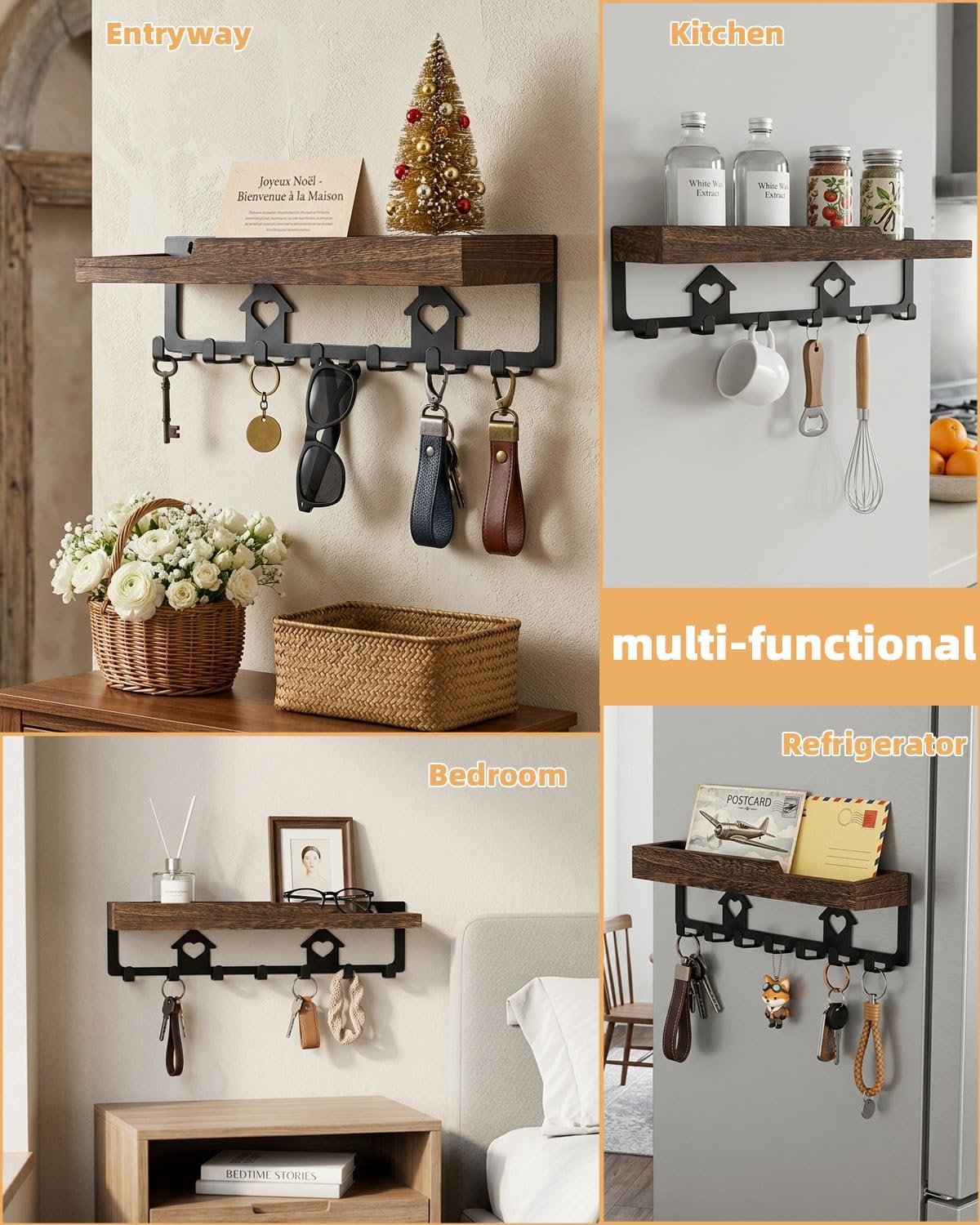 lucdnc Key Holder for Wall Mounted with Tray, 7 Hooks & Wood Shelf | Decorative Entryway Organizer for Mail, Keys, Sunglasses, Wall Mounted, Home Office