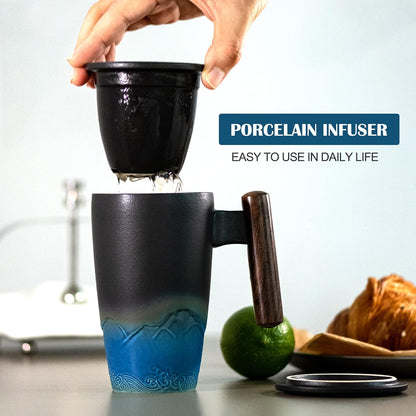 suyika Ceramic Tea Cup with Infuser and Lid Tea Mugs Wooden Handle 400ml/13.5oz Dark Green