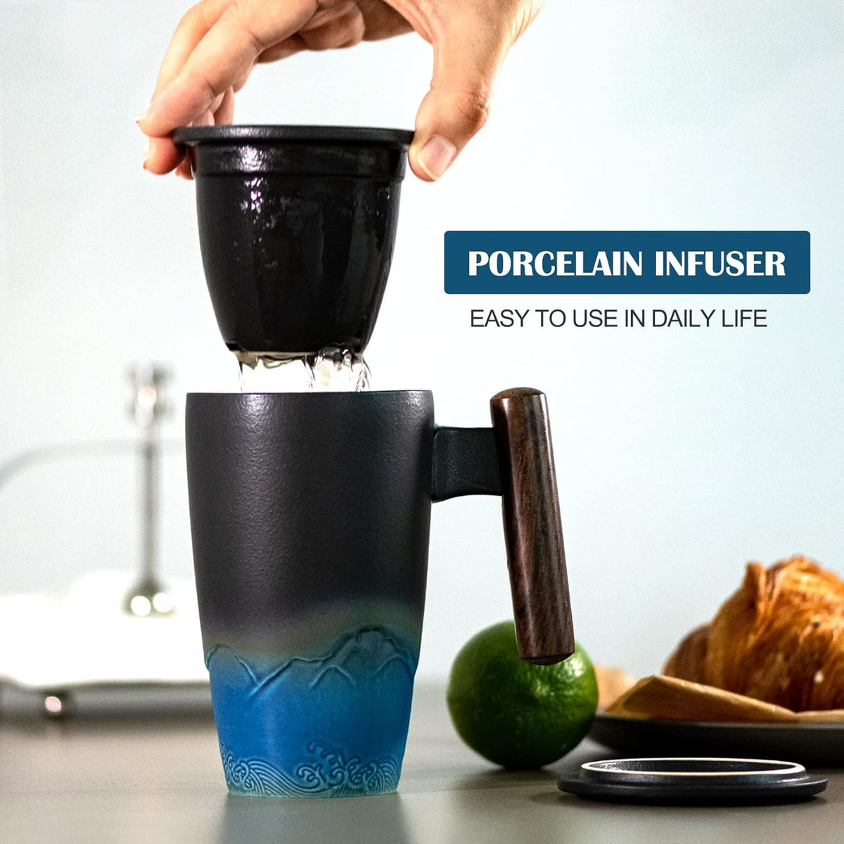 suyika Ceramic Tea Cup with Infuser and Lid Tea Mugs Wooden Handle 400ml/13.5oz Dark Green